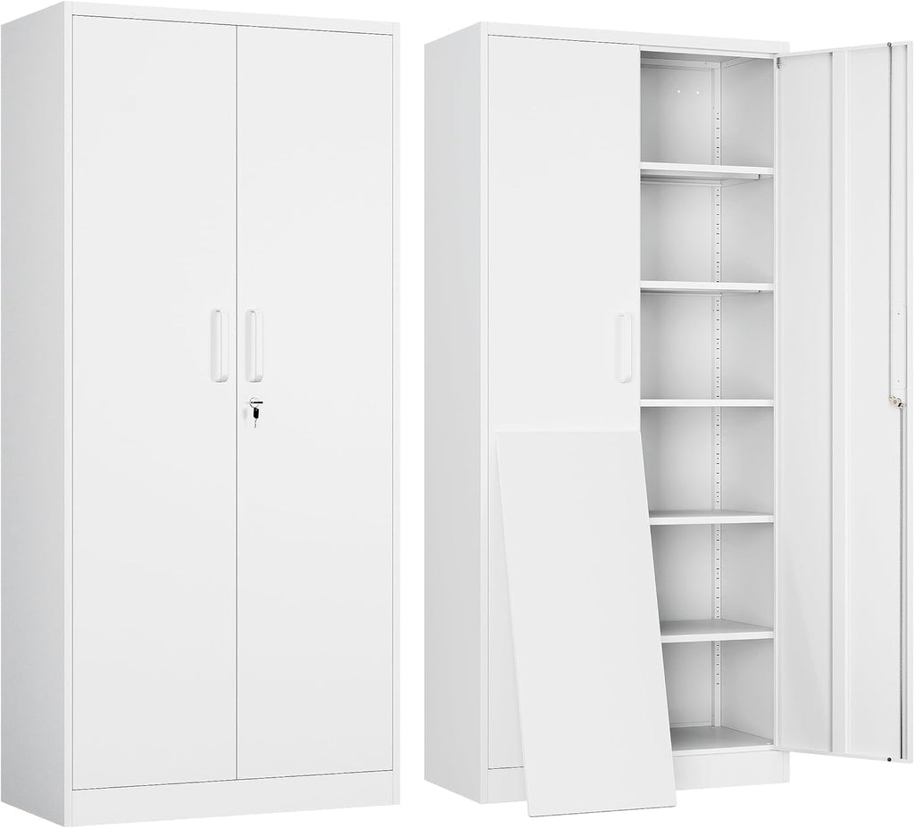 White Metal Storage Cabinet with 2 Doors and 5 Adjustable Shelves C143980
