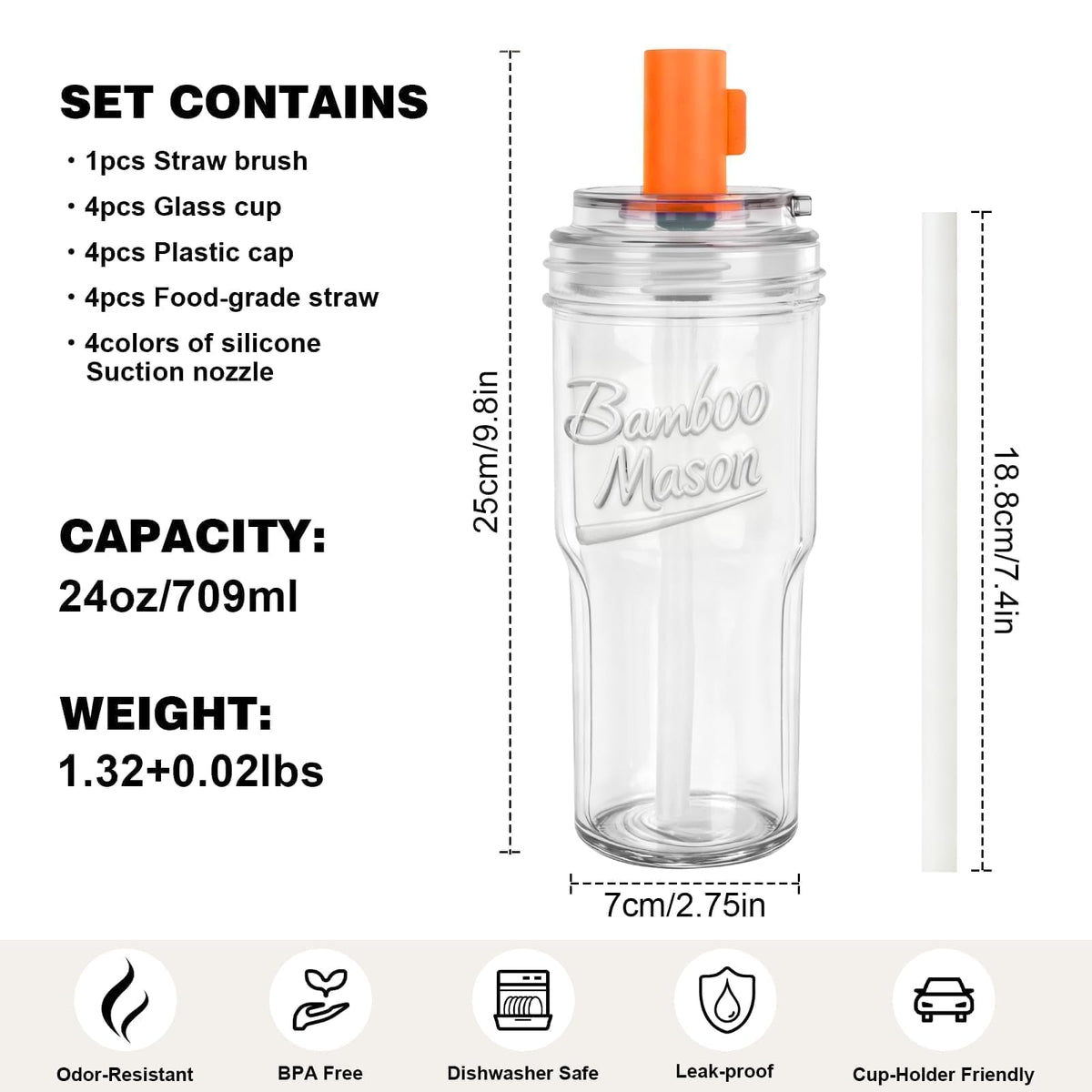 Glass Cups with Lids and Straws 24oz N754