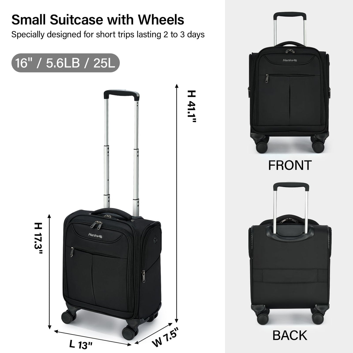 Black 16 Inch Underseat Carry On Luggage with Spinner Wheels D217