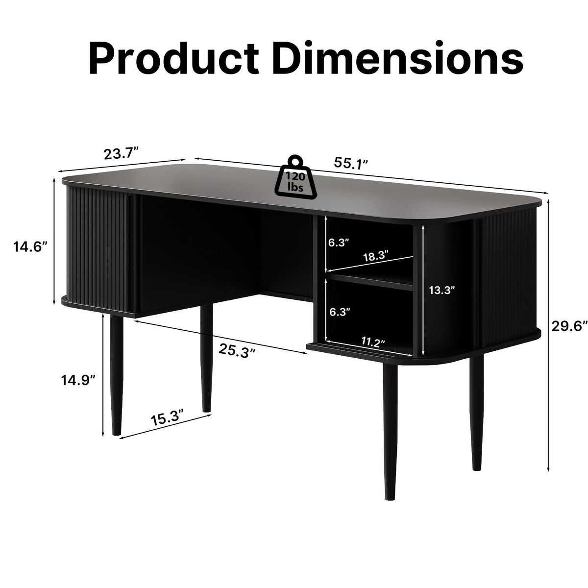 55" Black Wood Writing Desk with Storage J1641