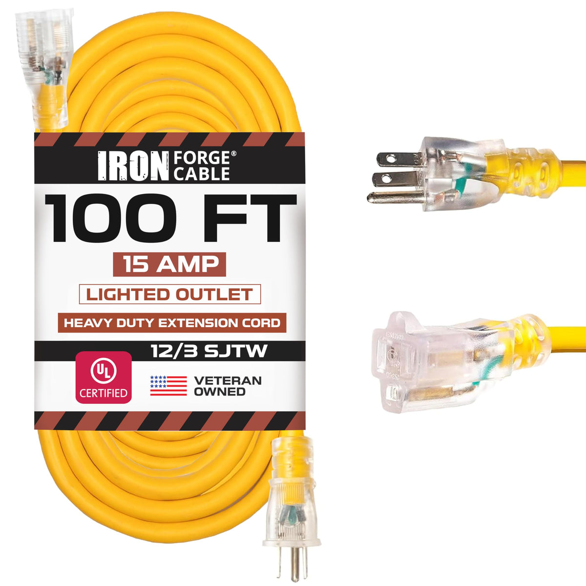 100 Foot Outdoor Extension Cord 12/3 SJTW Heavy Duty Yellow 3 Prong 15 AMP T91254