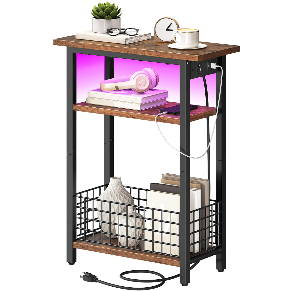 Narrow Side Table with Charging Station and LED Light A144279