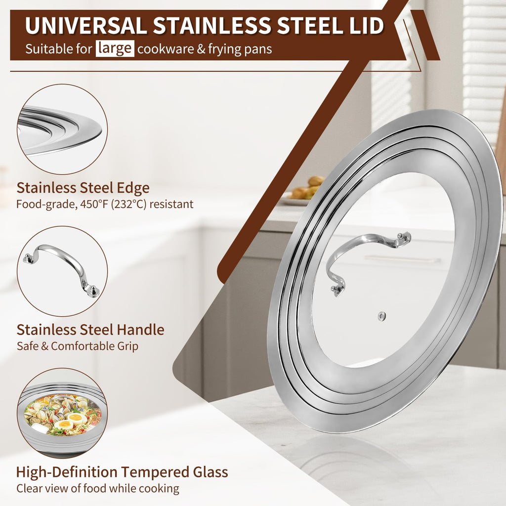 15 Inch Universal Lid for Pots Pans and Skillets, Stainless Steel Tempered Glass A40013