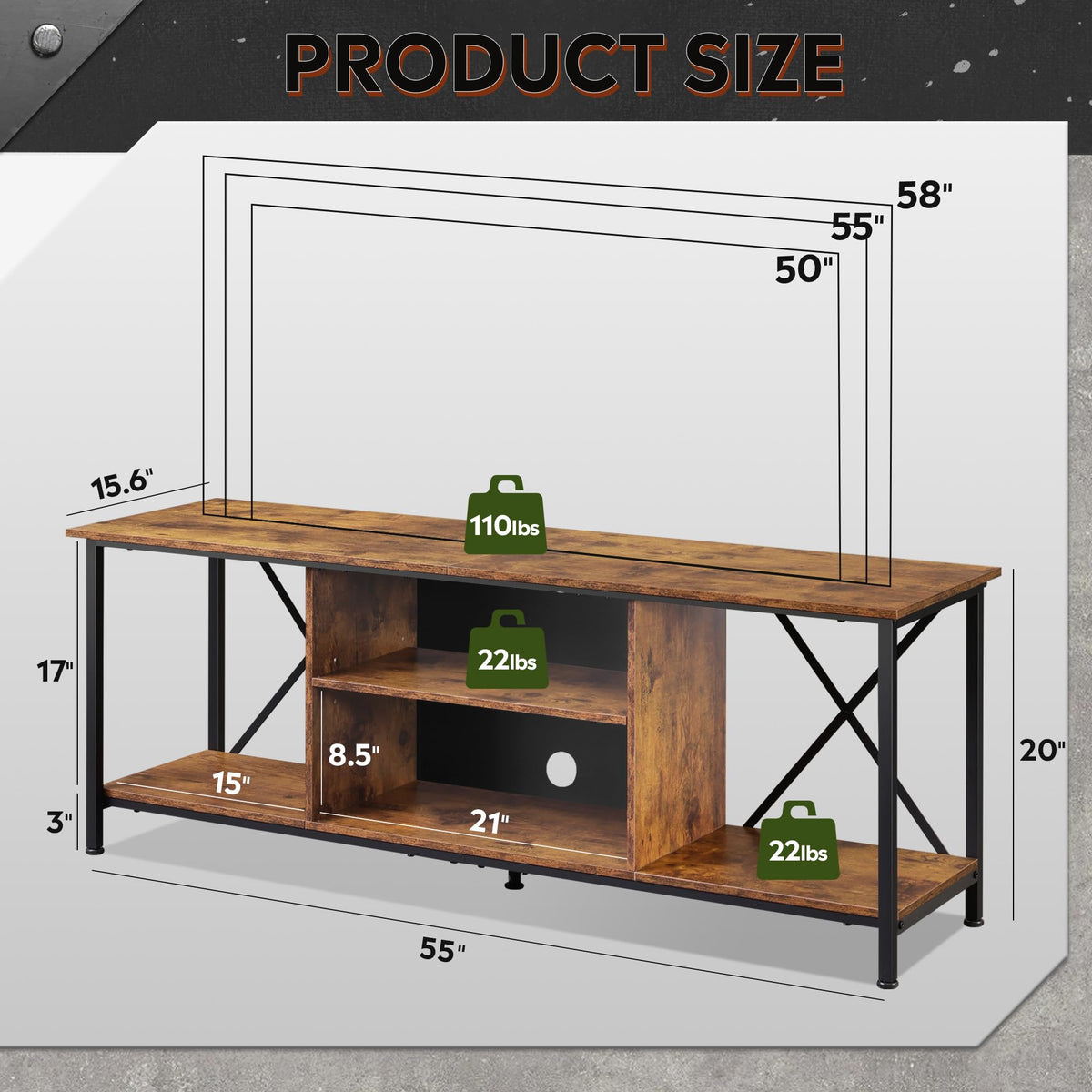 Industrial TV Stand for Up to 65 inch TV with Adjustable Shelves K285