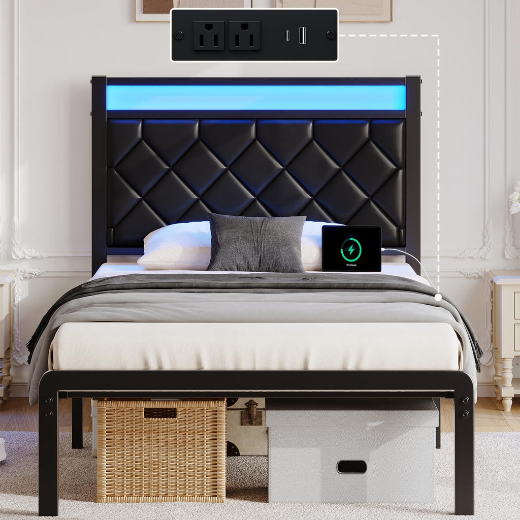 Twin Platform Bed Frame with Charging Station U81298