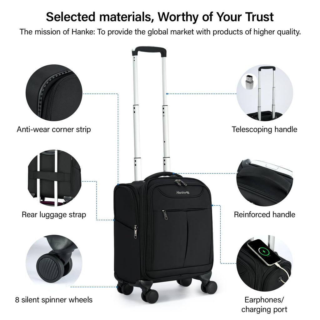 Black 16 Inch Underseat Carry On Luggage with Spinner Wheels D217