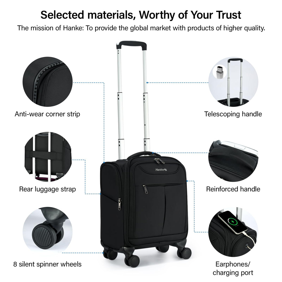 Black 16 Inch Underseat Carry On Luggage with Spinner Wheels D217