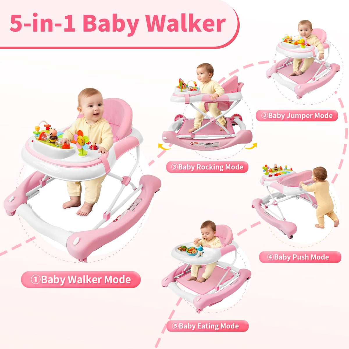 5 in 1 Foldable Baby Walker with Wheels and Bouncer S6534