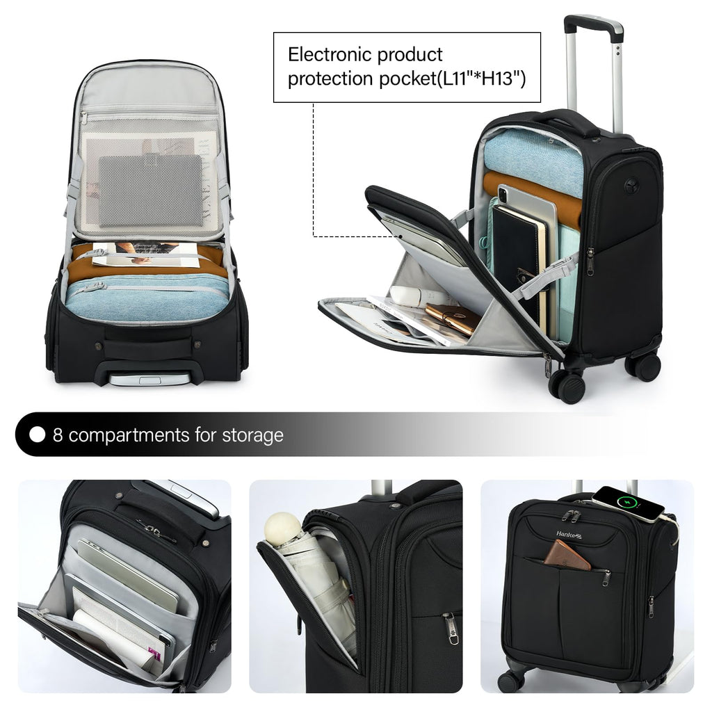 Black 16 Inch Underseat Carry On Luggage with Spinner Wheels D217