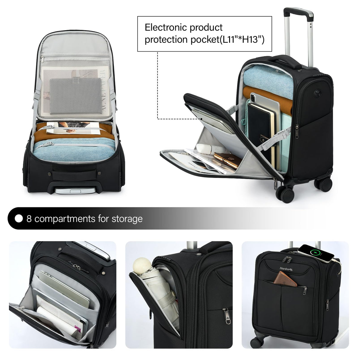 Black 16 Inch Underseat Carry On Luggage with Spinner Wheels D217