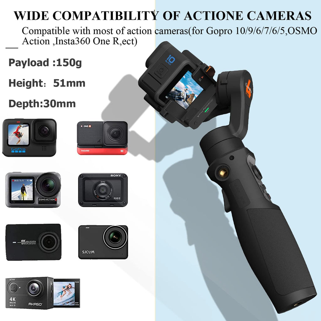 Action Camera Gimbal Stabilizer 3-Axis Bluetooth Cable Control IPX4 V516578