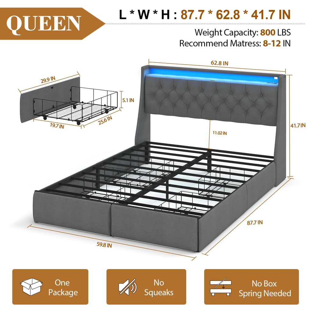 Queen Size Upholstered Bed Frame with 4 Storage Drawers I581655