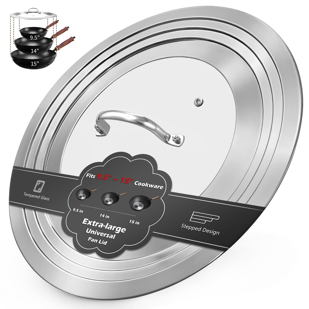15 Inch Universal Lid for Pots Pans and Skillets, Stainless Steel Tempered Glass A40013