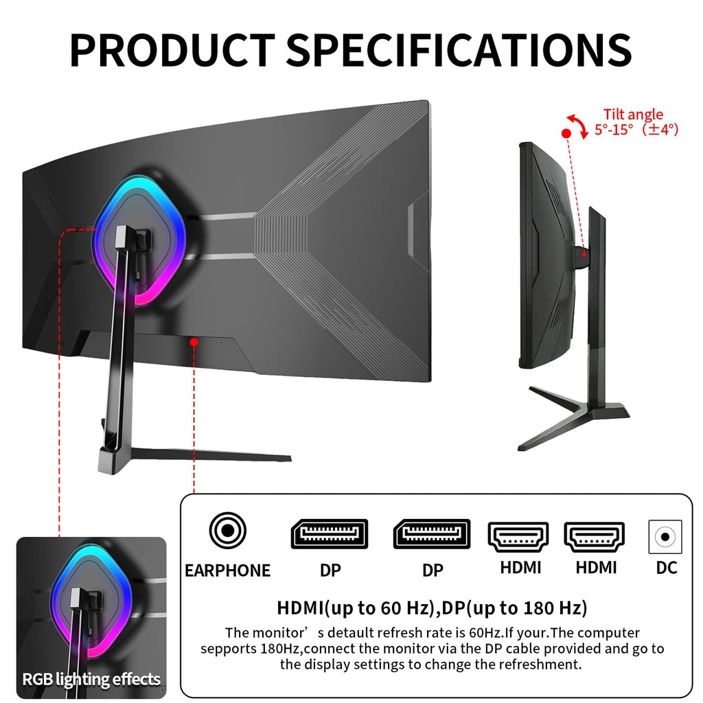 34 Inch Curved Ultrawide Monitor WQHD 165Hz 1ms HDR10 FreeSync G-Sync VESA Mount Compatible T401652