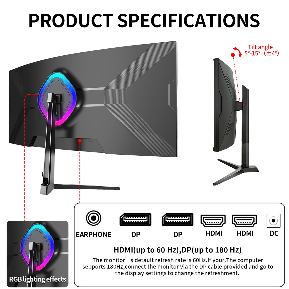 34 Inch Curved Ultrawide Monitor WQHD 165Hz 1ms HDR10 FreeSync G-Sync VESA Mount Compatible T401652