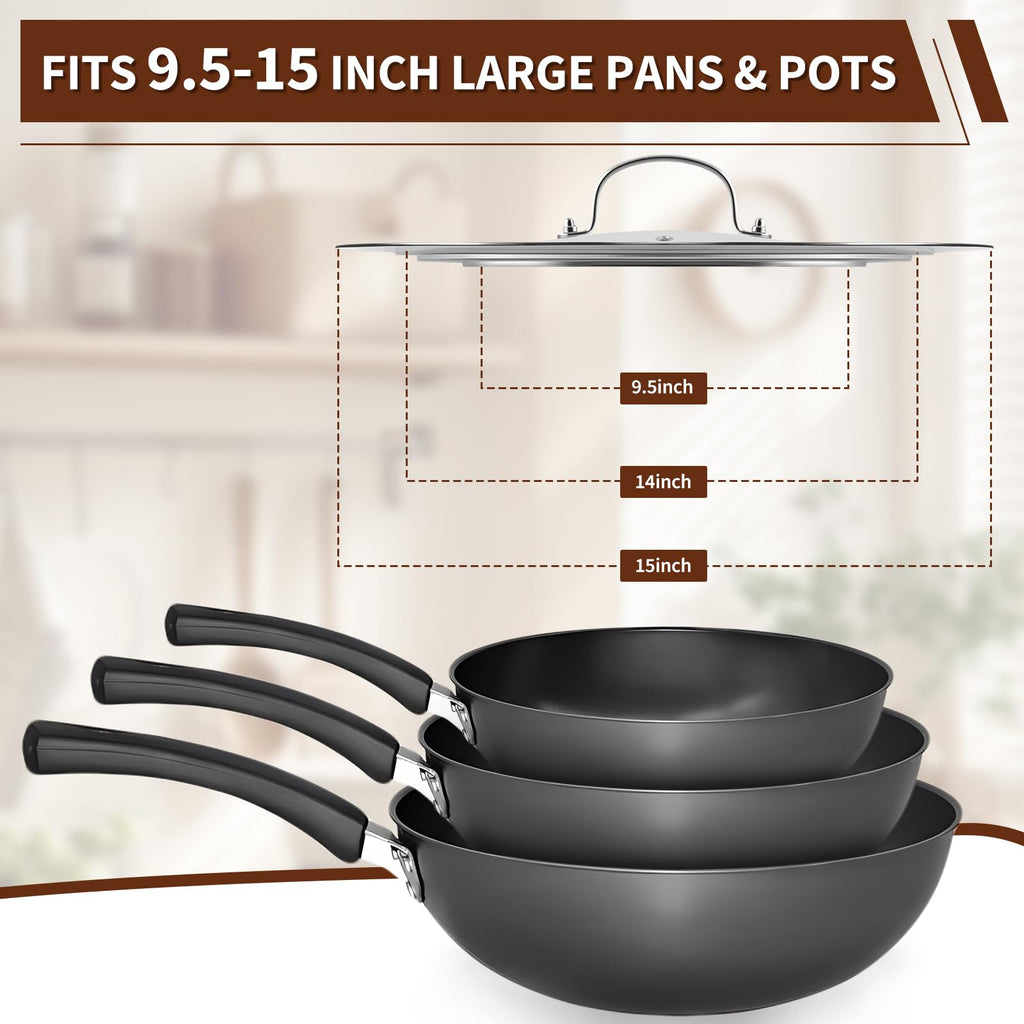 15 Inch Universal Lid for Pots Pans and Skillets, Stainless Steel Tempered Glass A40013