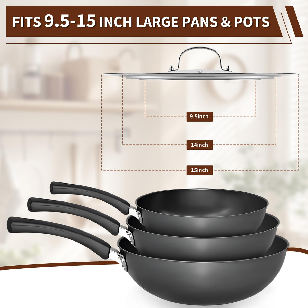 15 Inch Universal Lid for Pots Pans and Skillets, Stainless Steel Tempered Glass A40013