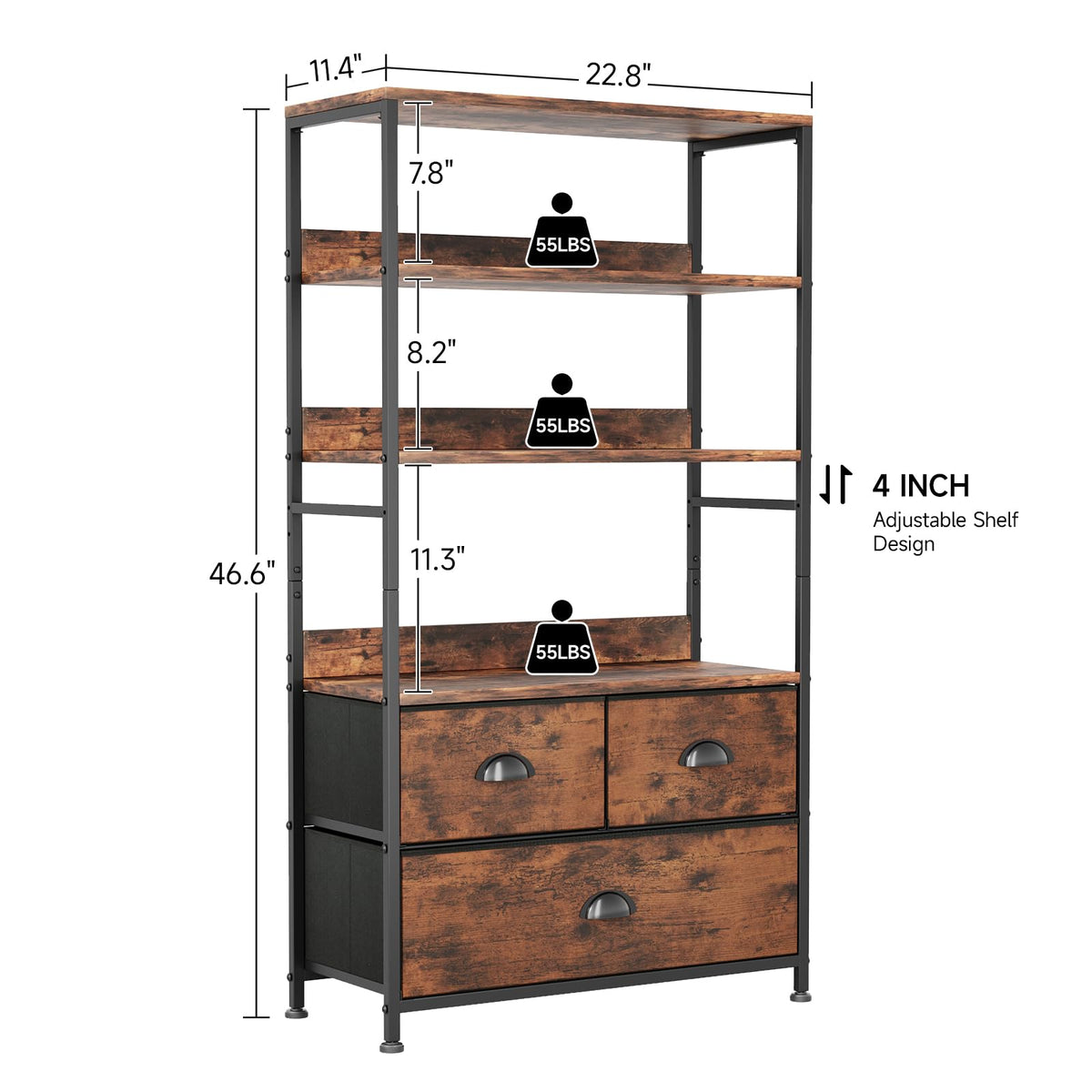 47-Inch 6 Tier Wood and Metal Bookshelf with 3 Fabric Drawers Y1386