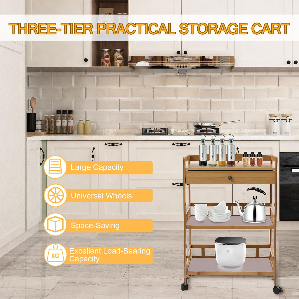 3-Tier Bamboo Kitchen Cart with Drawer D42637