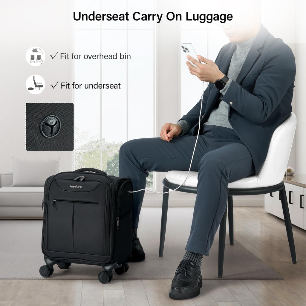 Black 16 Inch Underseat Carry On Luggage with Spinner Wheels D217