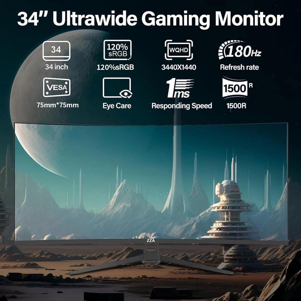 34 Inch Curved Ultrawide Monitor WQHD 165Hz 1ms HDR10 FreeSync G-Sync VESA Mount Compatible T401652