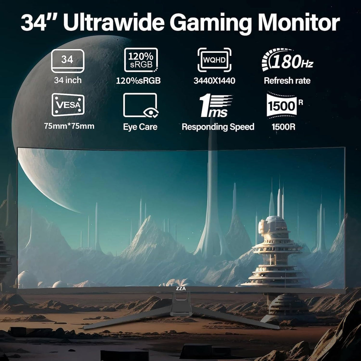 34 Inch Curved Ultrawide Monitor WQHD 165Hz 1ms HDR10 FreeSync G-Sync VESA Mount Compatible T401652