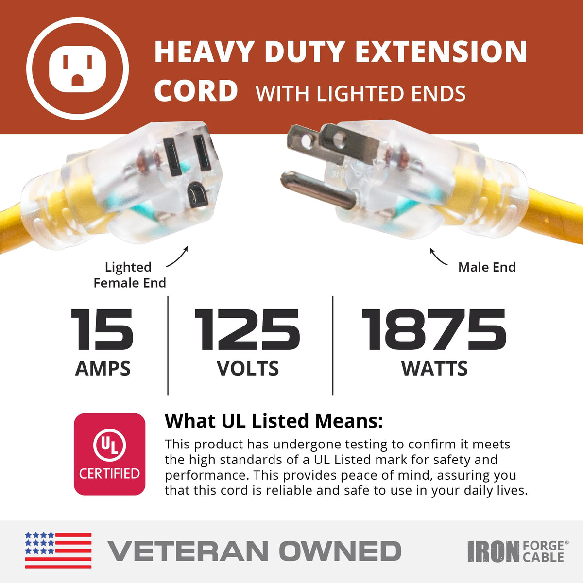 100 Foot Outdoor Extension Cord 12/3 SJTW Heavy Duty Yellow 3 Prong 15 AMP T91254
