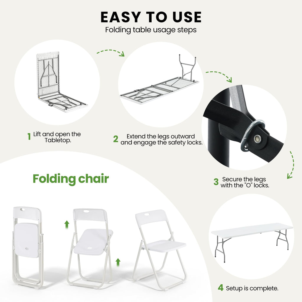 8FT Foldable Table Set with 10 Pack Plastic Folding Chairs Q617