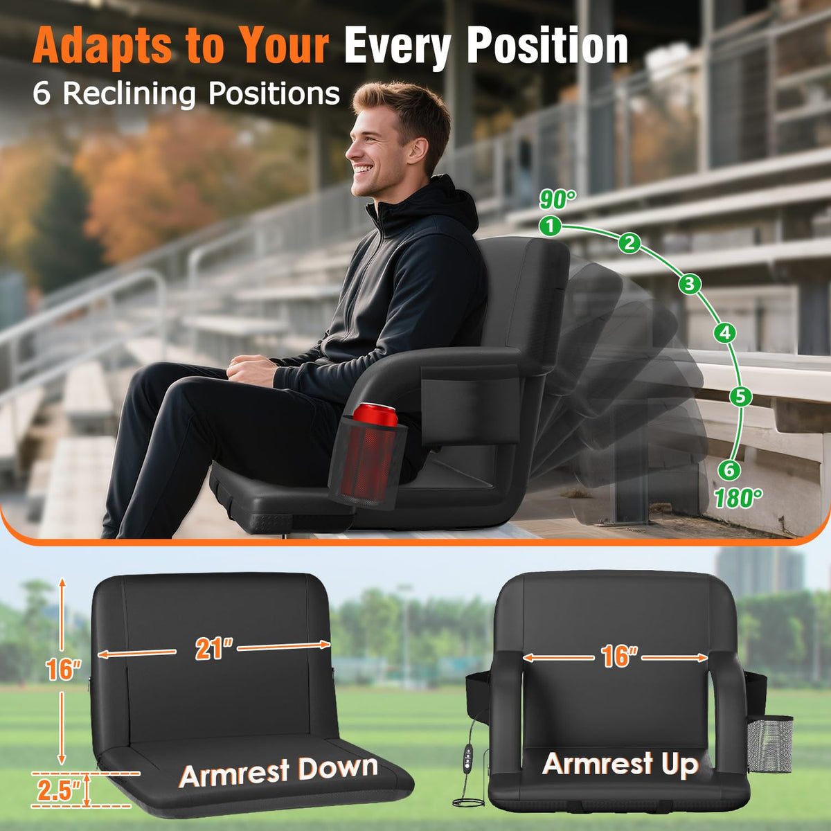 21" Wide Heated Stadium Seats for Bleachers with USB V524253