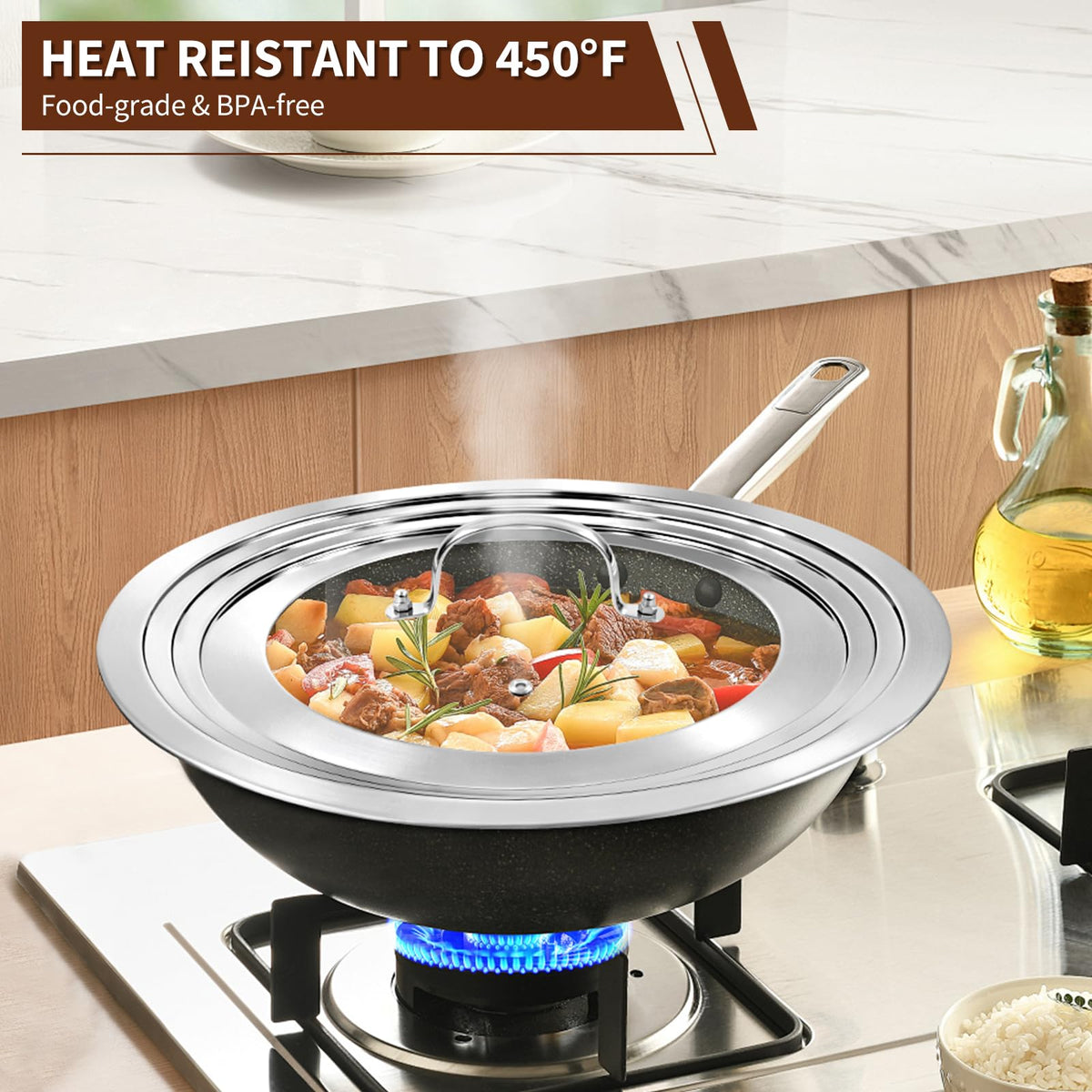 15 Inch Universal Lid for Pots Pans and Skillets, Stainless Steel Tempered Glass A40013
