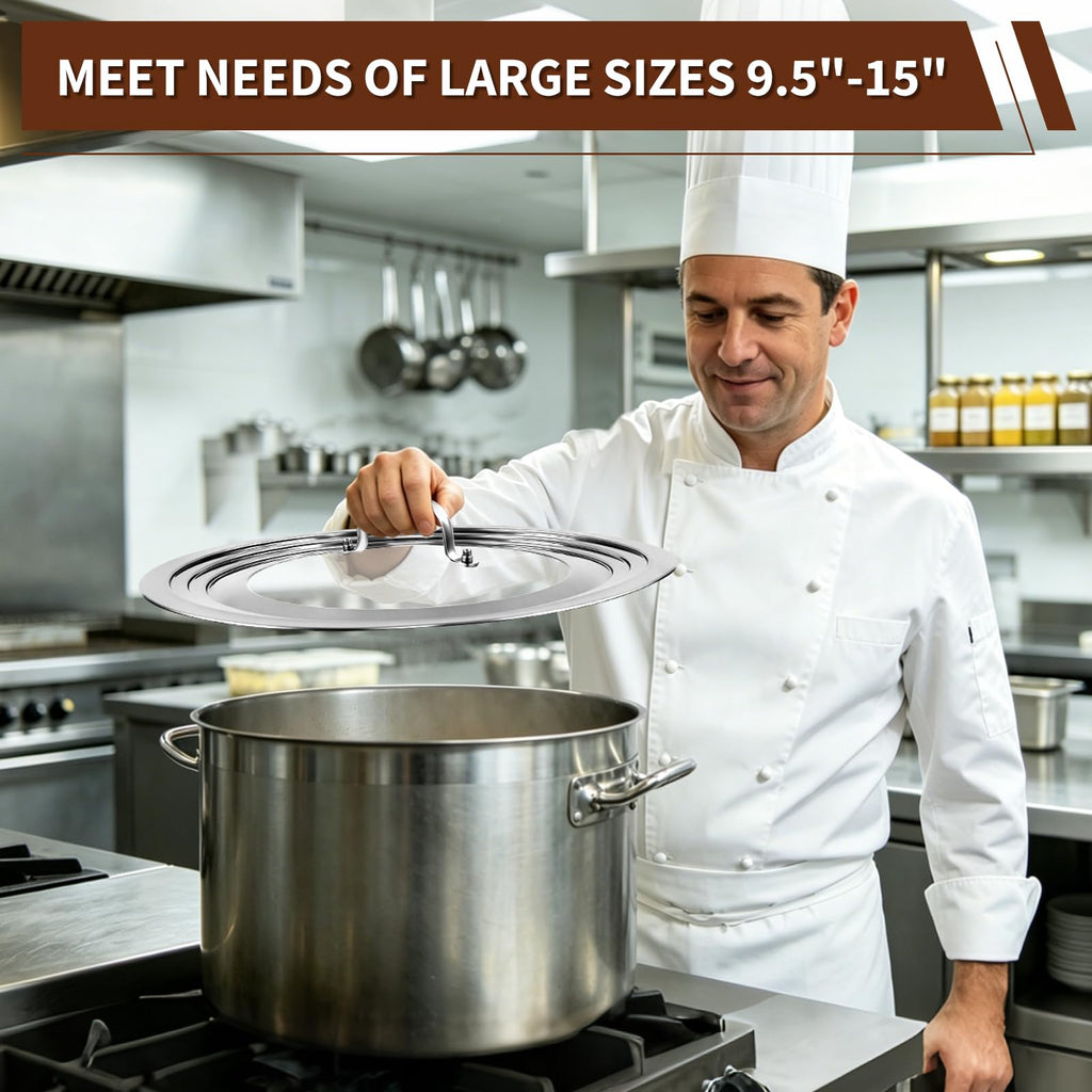 15 Inch Universal Lid for Pots Pans and Skillets, Stainless Steel Tempered Glass A40013
