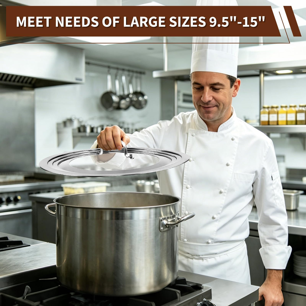 15 Inch Universal Lid for Pots Pans and Skillets, Stainless Steel Tempered Glass A40013