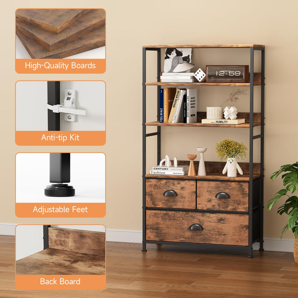 47-Inch 6 Tier Wood and Metal Bookshelf with 3 Fabric Drawers Y1386