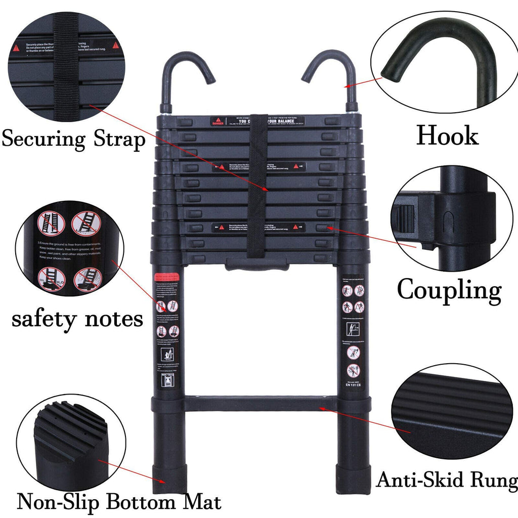 Black 20.3FT Aluminum Telescoping Ladder 330lbs Capacity M102