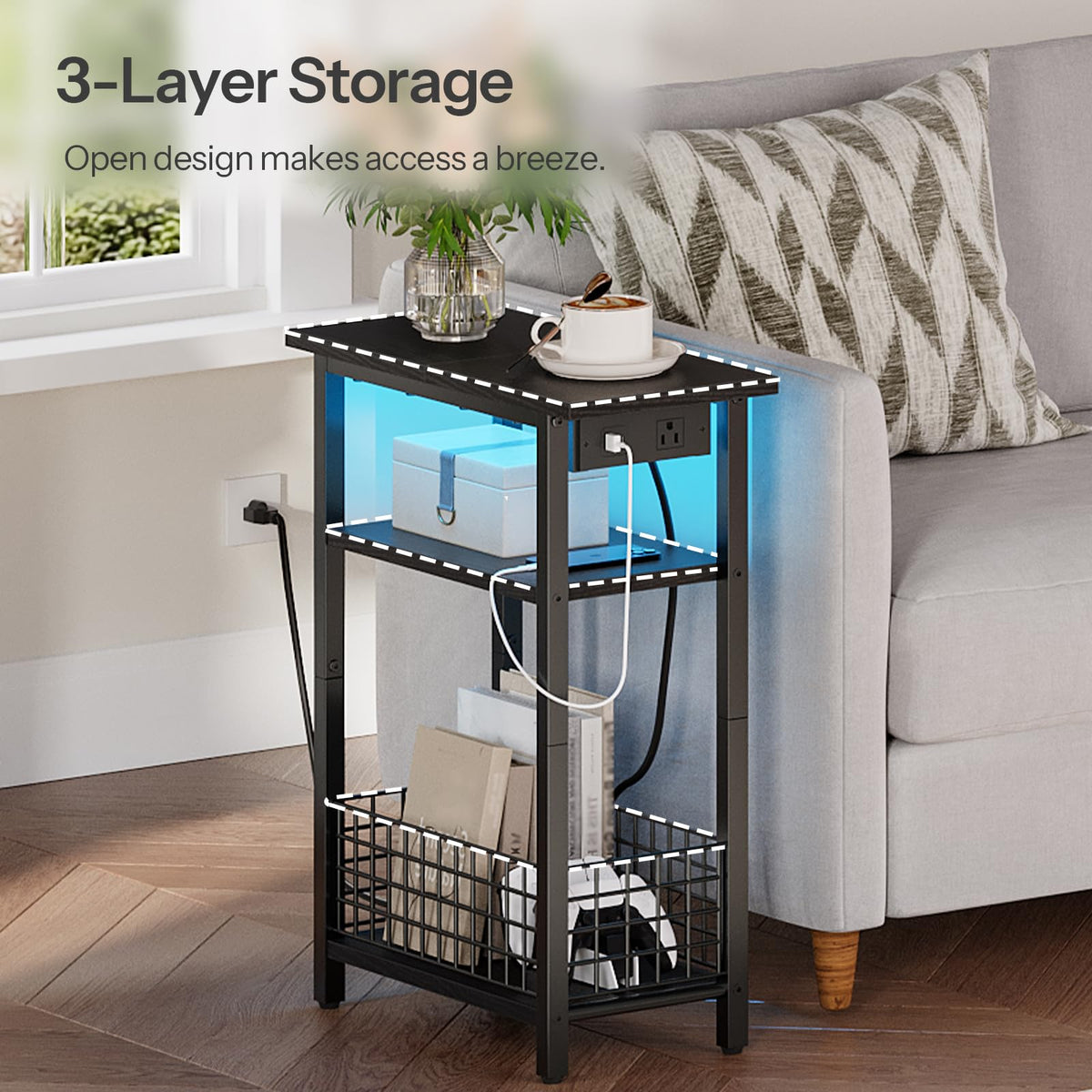 Narrow Side Table with Charging Station and LED Light A144279