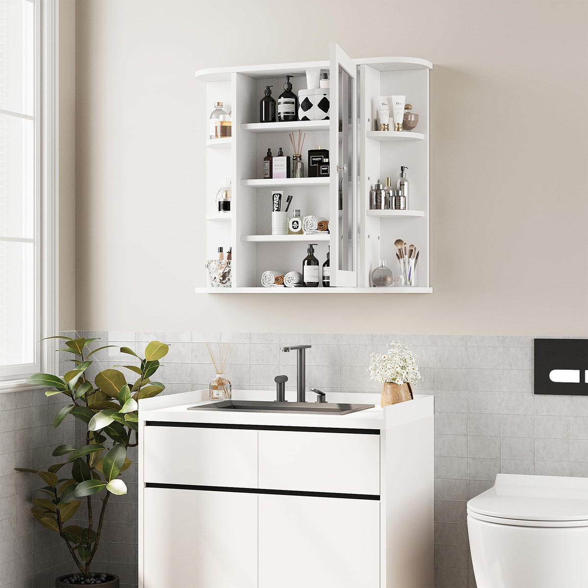White Wall Mounted Medicine Cabinet with Mirror H95155