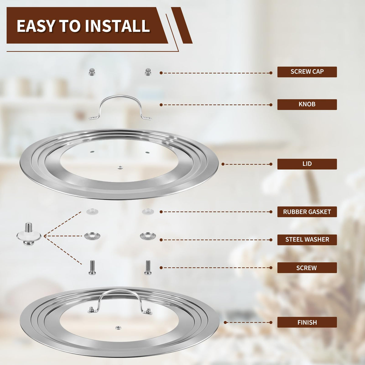 15 Inch Universal Lid for Pots Pans and Skillets, Stainless Steel Tempered Glass A40013