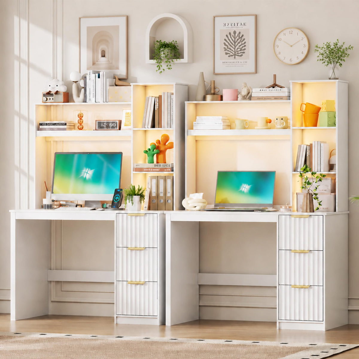 White Home Office Desk with Hutch and Drawers N6755