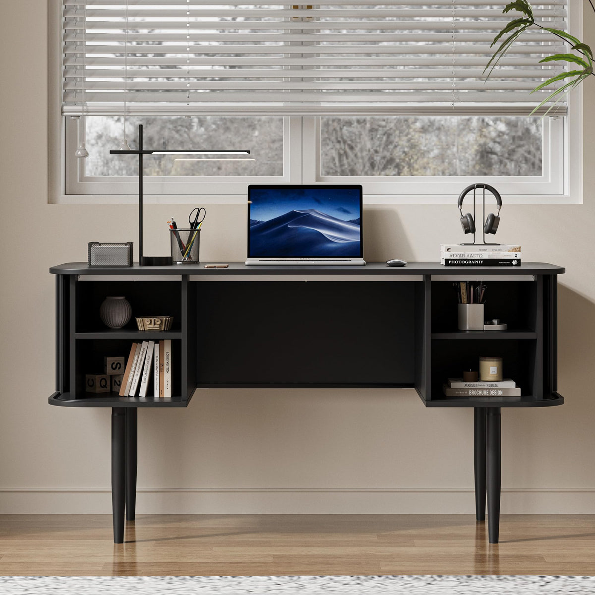 55" Black Wood Writing Desk with Storage J1641