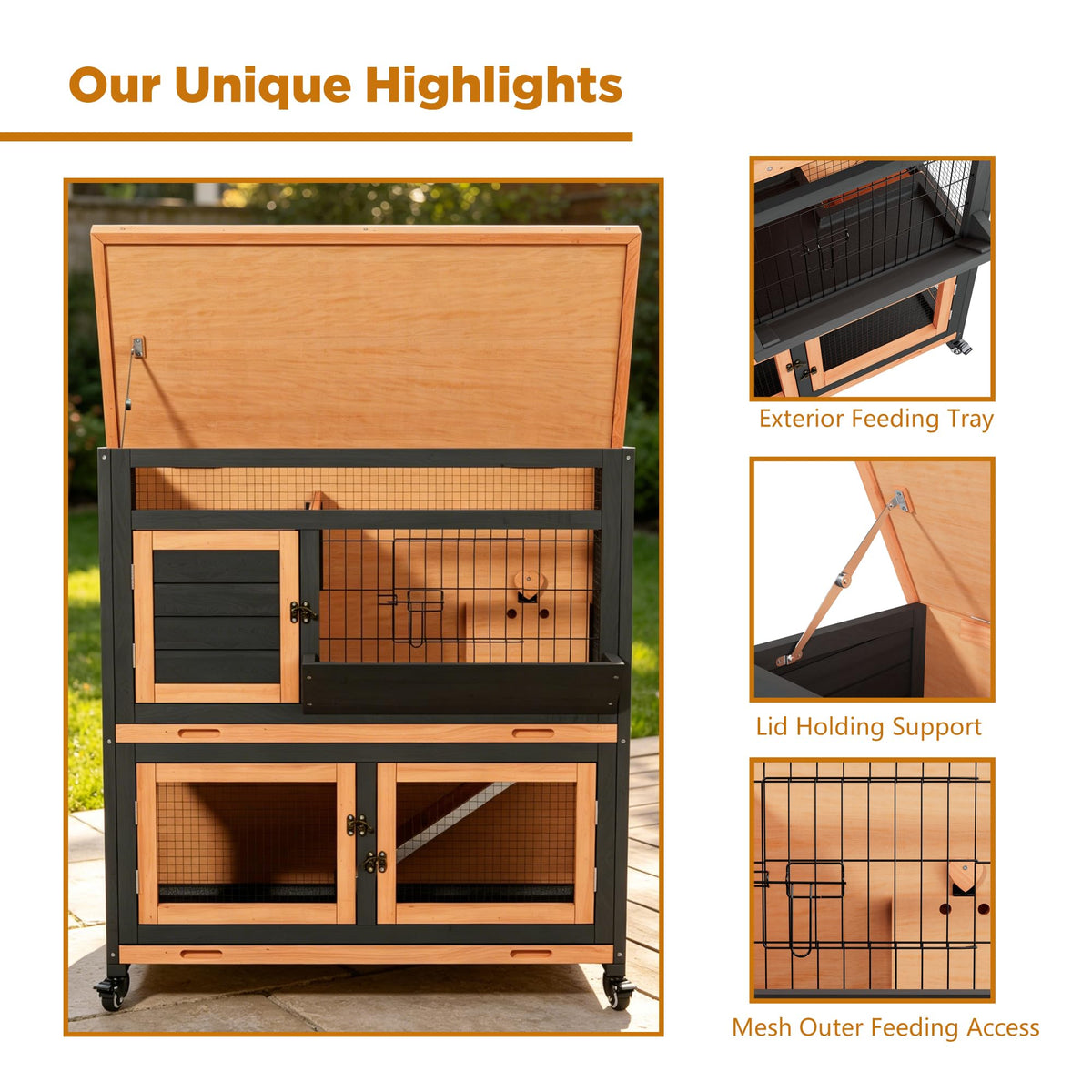 2-Story Wooden Rabbit Hutch with Wheel V68071