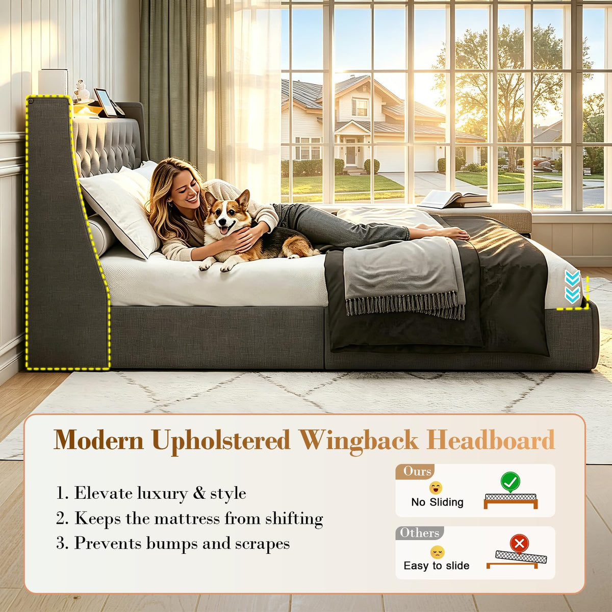 Queen Size Upholstered Bed Frame with 4 Storage Drawers I581655