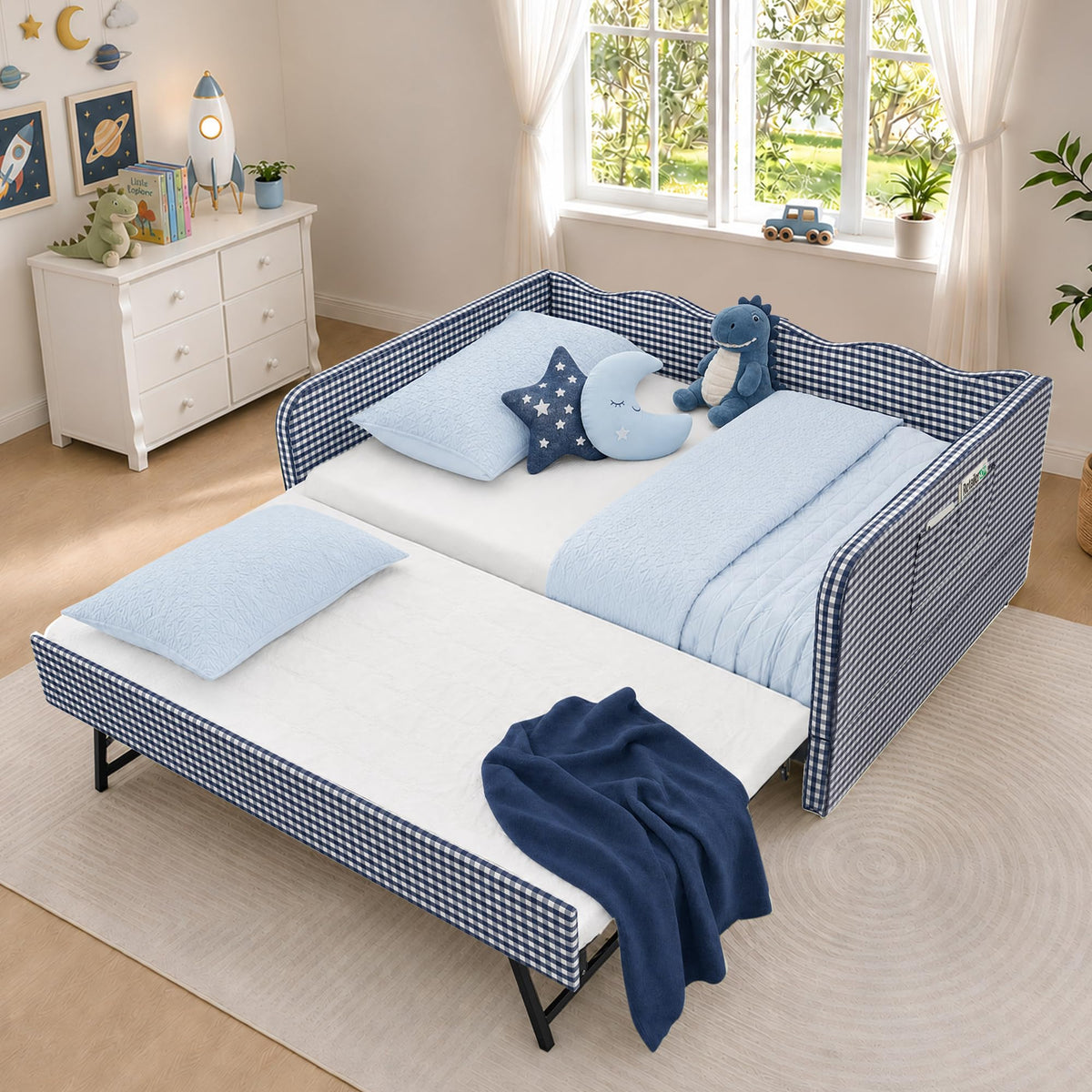 Blue Gingham Twin Daybed with Pop Up Trundle Z23222