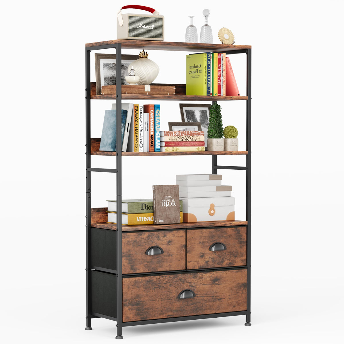 47-Inch 6 Tier Wood and Metal Bookshelf with 3 Fabric Drawers Y1386