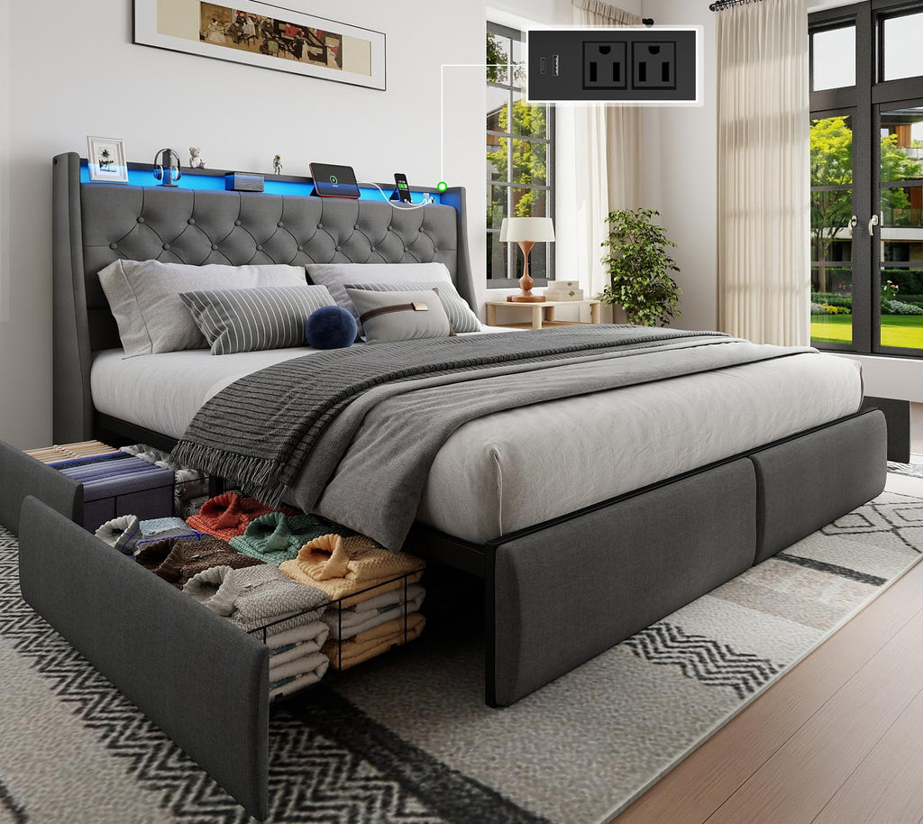 Queen Size Upholstered Bed Frame with 4 Storage Drawers I581655