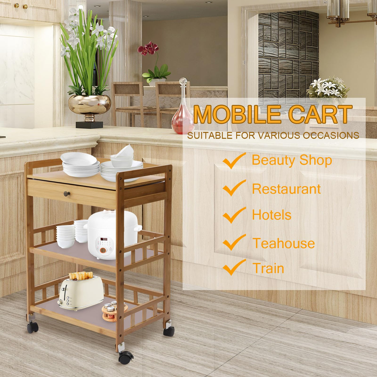 3-Tier Bamboo Kitchen Cart with Drawer D42637