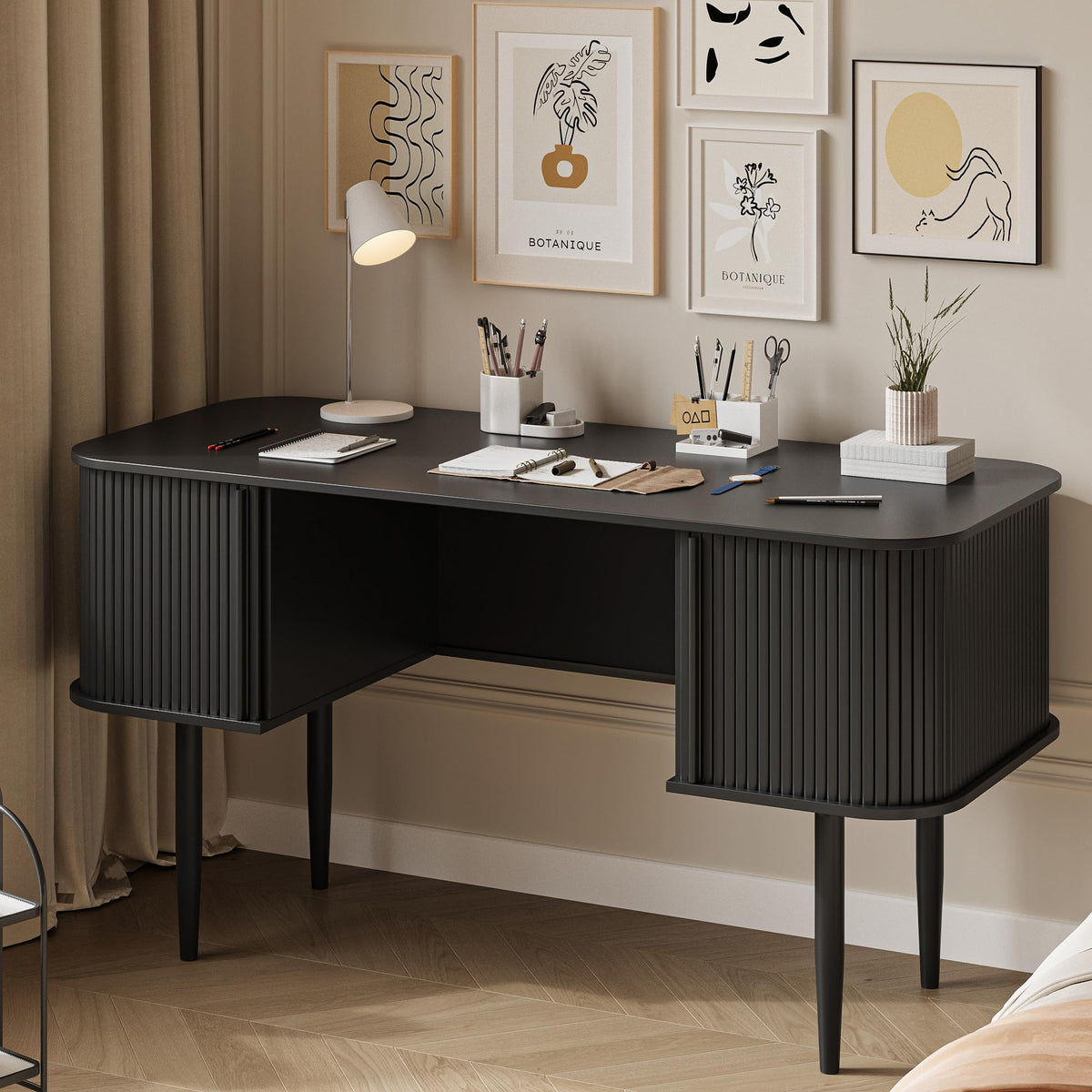 55" Black Wood Writing Desk with Storage J1641