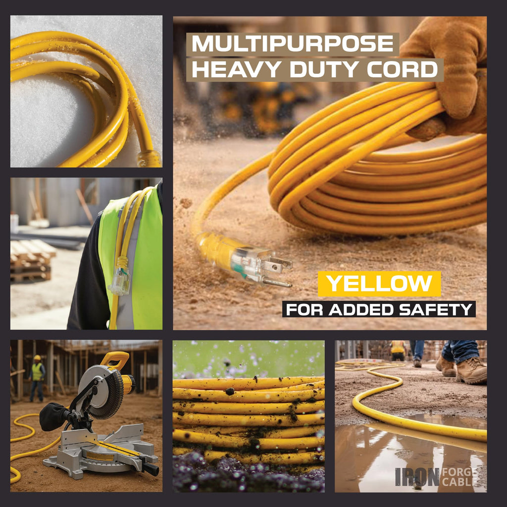 100 Foot Outdoor Extension Cord 12/3 SJTW Heavy Duty Yellow 3 Prong 15 AMP T91254