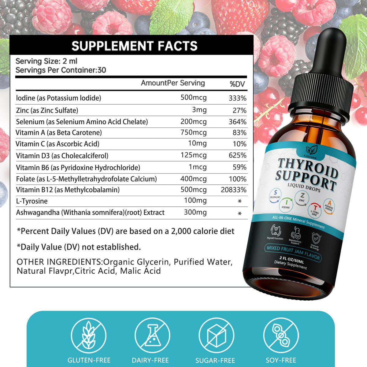 Liquid Thyroid Support Drops with Selenium Zinc Iodine L-Tyrosine Ashwagandha W72419