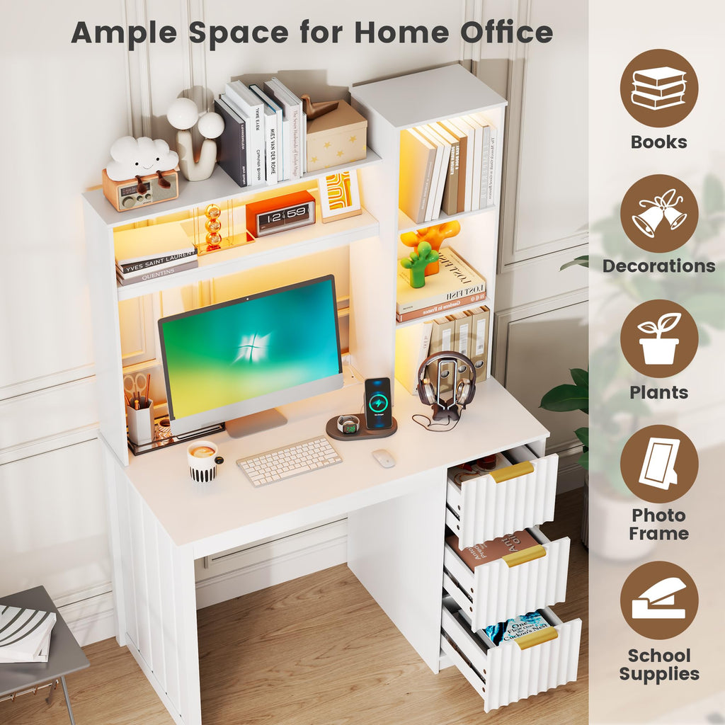 White Home Office Desk with Hutch and Drawers N6755