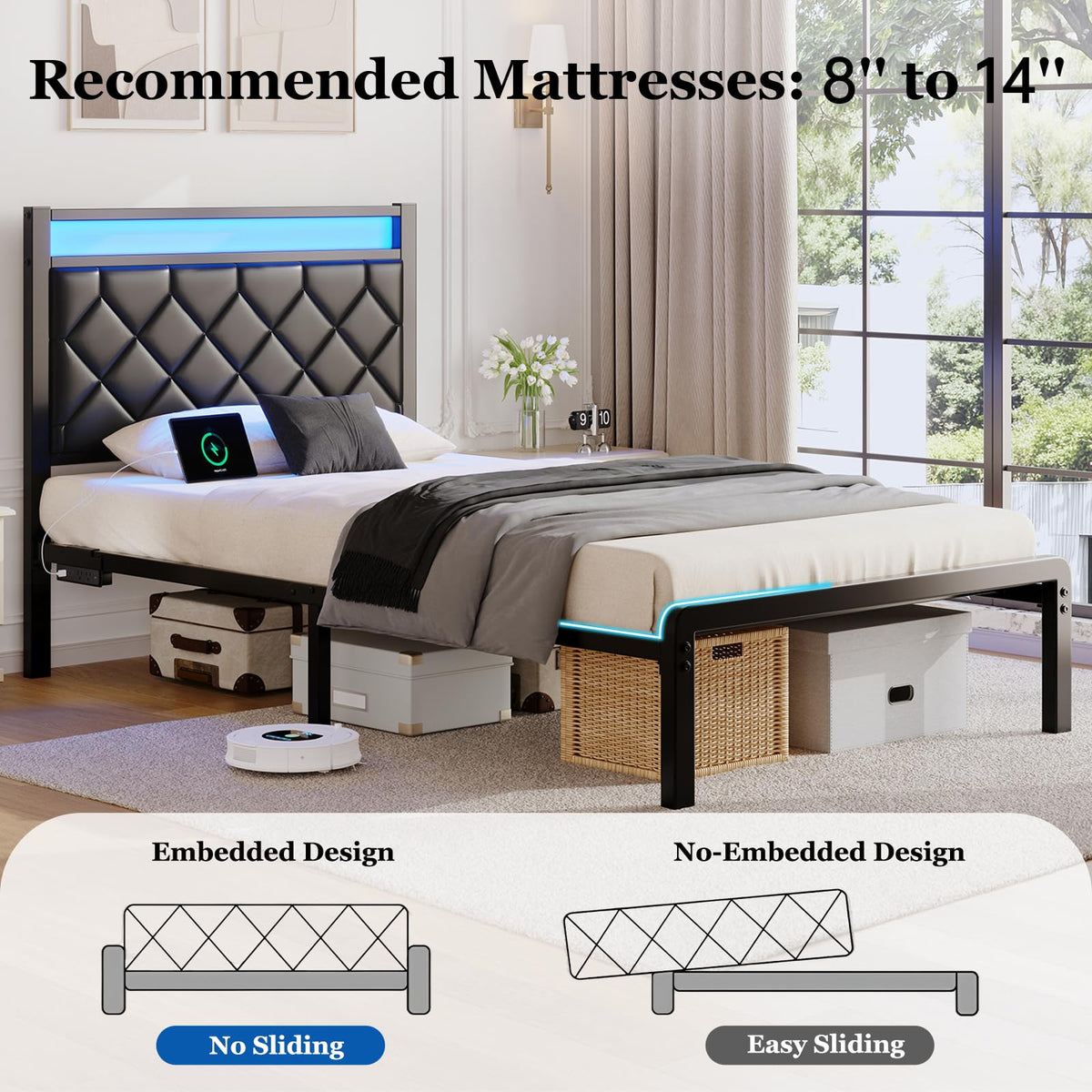 Twin Platform Bed Frame with Charging Station U81298